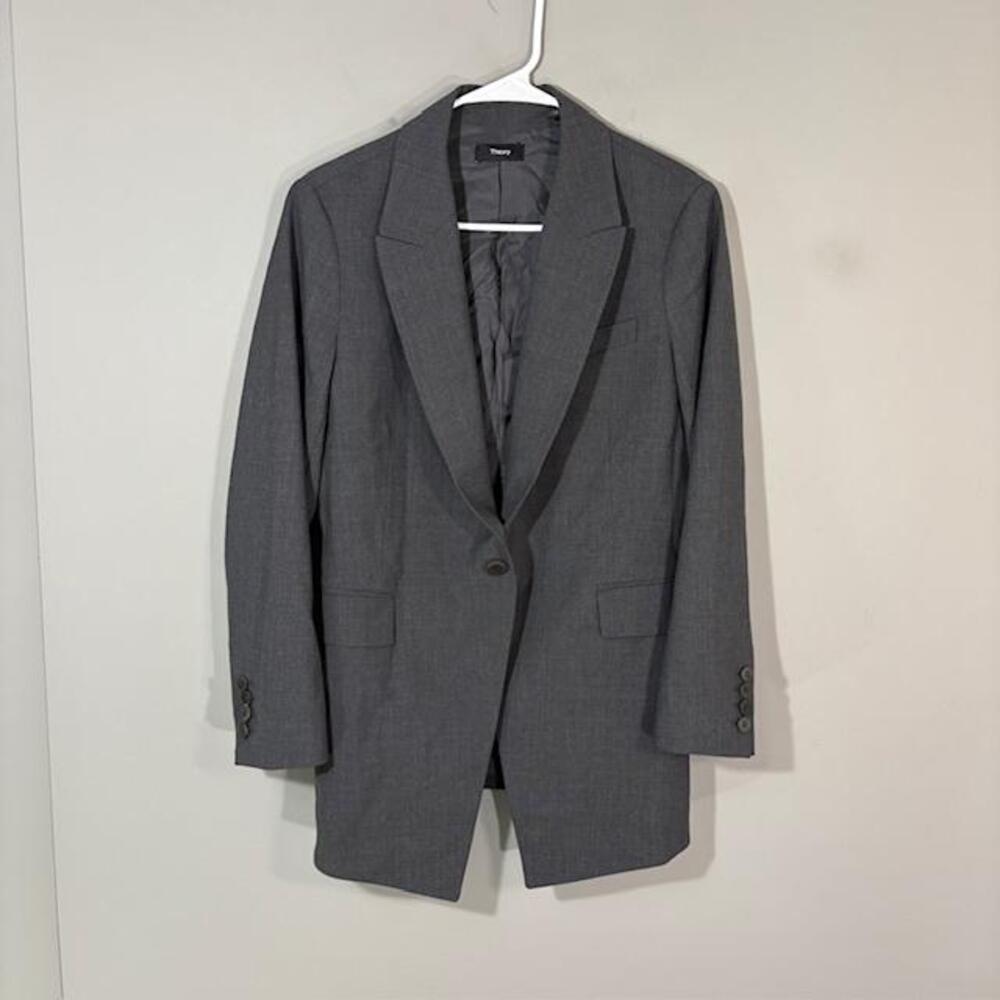 Theory Blazer Womens 8 Gray Etiennette Wool One Button Long Jacket Workwear